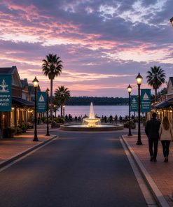 Custom printed avenue banners on light poles along a lakeside downtown street at dusk