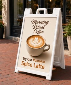 White Signicade A-frame sidewalk sign outside a coffee shop