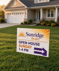 Custom yard sign for an open house on a front lawn
