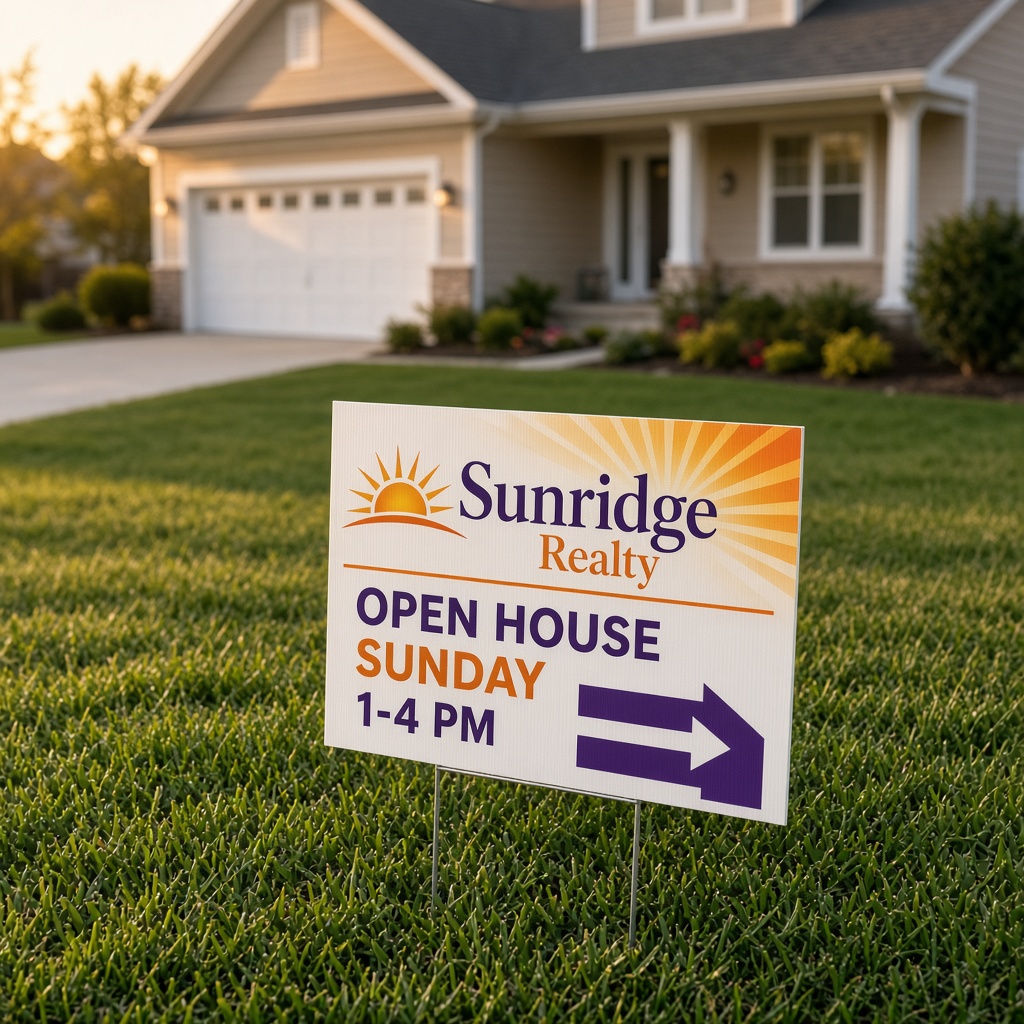 Custom yard sign for an open house on a front lawn