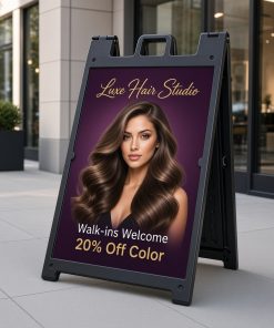 Black Signicade Deluxe A-frame sign outside a hair salon