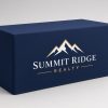 Custom fitted table cover in navy with a printed logo
