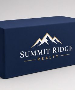 Custom fitted table cover in navy with a printed logo