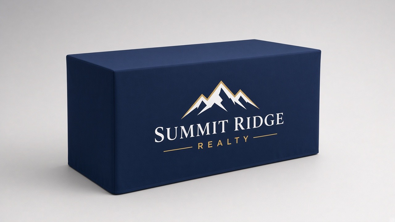 Custom fitted table cover in navy with a printed logo