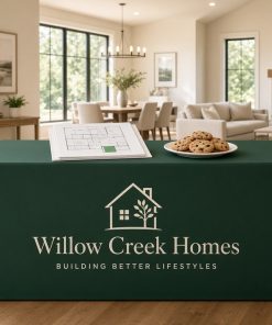 Green fitted table cover at a model home sales event