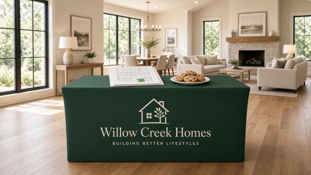 Green fitted table cover at a model home sales event