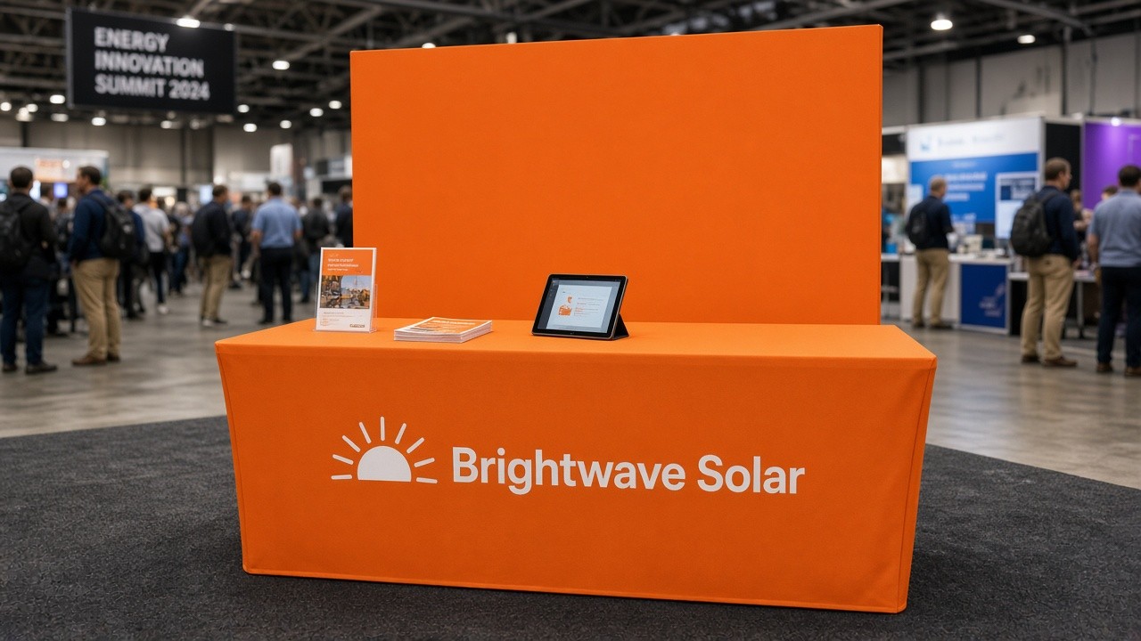 Orange fitted table cover with logo at a trade show booth
