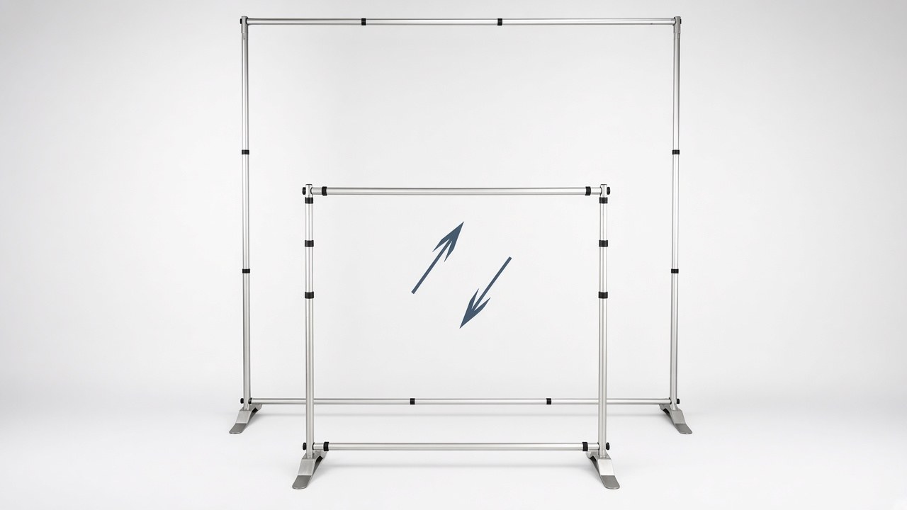Adjustable telescoping aluminum backdrop frame with aluminum feet, shown extended and retracted