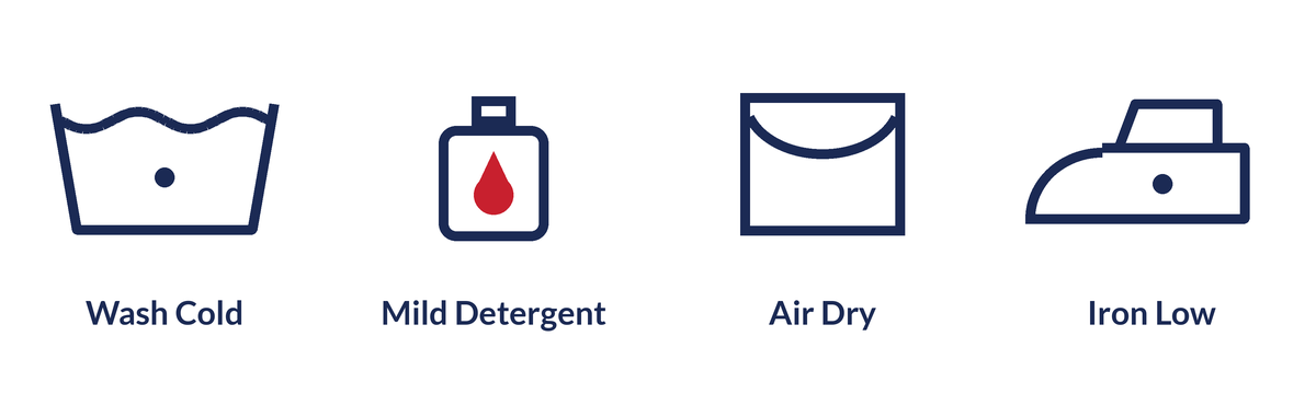 Care symbols: wash cold, mild detergent, air dry, iron on low