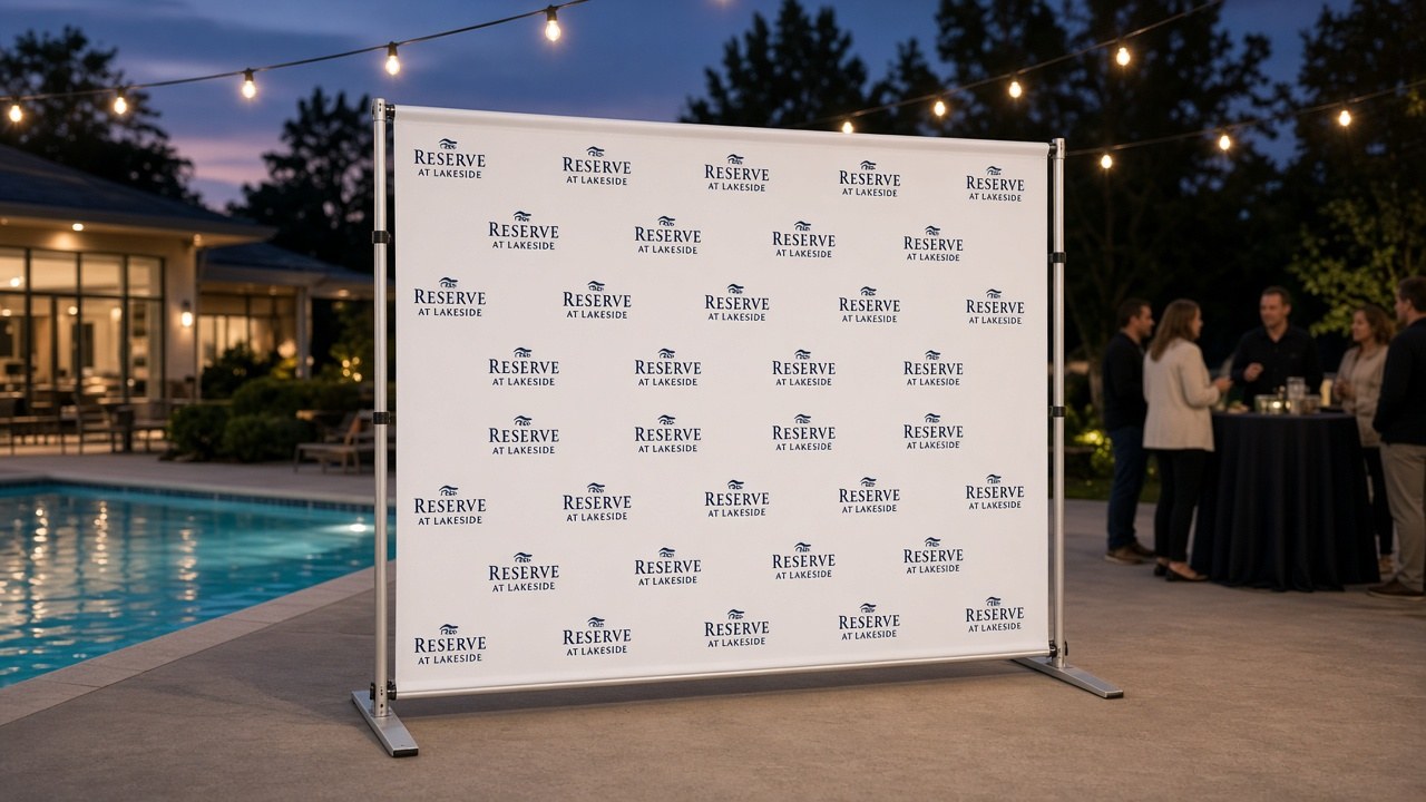 Step and repeat backdrop at an apartment community poolside leasing event