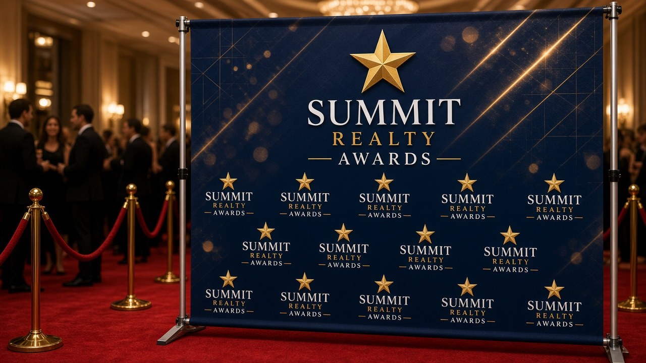 Step and repeat backdrop with textured navy background at an awards night