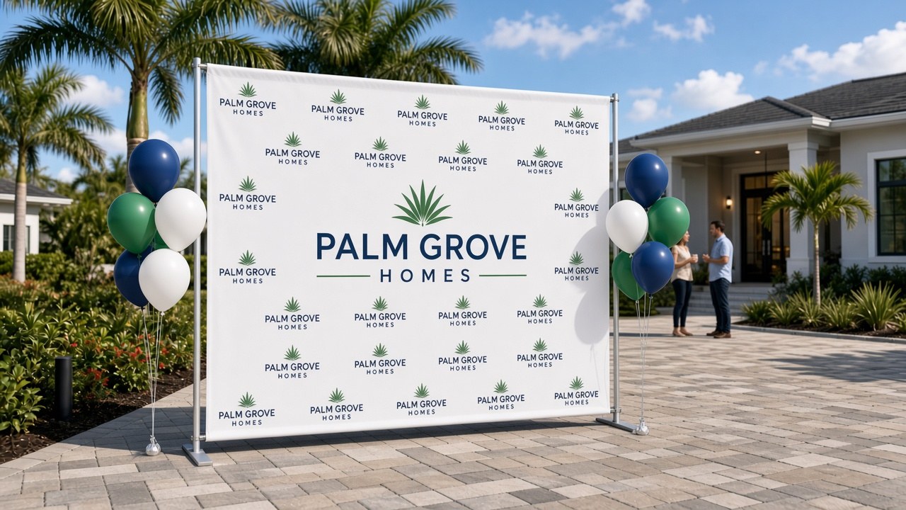 Step and repeat backdrop at a model home grand opening