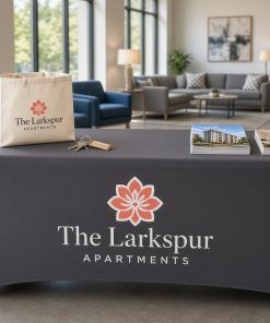 Charcoal stretch table cover in an apartment leasing office
