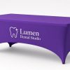 Purple custom stretch table cover with a printed logo