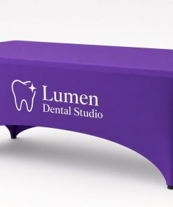 Purple custom stretch table cover with a printed logo