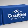 Custom printed blue table cover with full-color logo