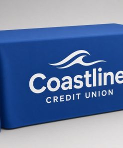 Custom printed blue table cover with full-color logo