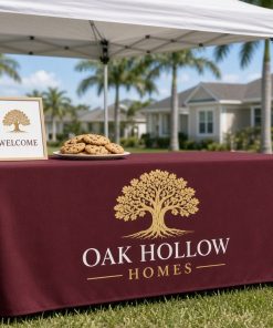 Custom table cover at an outdoor model home event