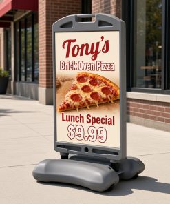 Wind Sign sidewalk sign with grey wheeled frame outside a pizzeria